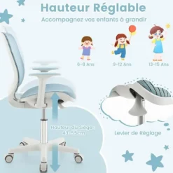 COSTWAY Ergonomisk drejelig kontorstol til børn 6-15 år, 5 bremsehjul, justerbar sædehøjde 43-55 cm, blå Blå