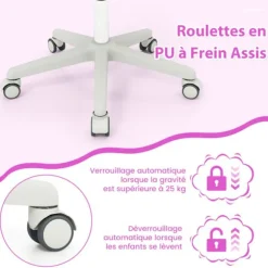 COSTWAY Ergonomisk drejelig kontorstol til børn 6-15 år, 5 bremsehjul, justerbar sædehøjde 43-55 cm, lilla