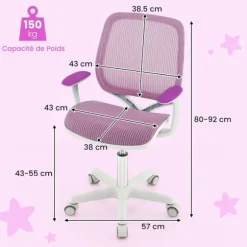 COSTWAY Ergonomisk drejelig kontorstol til børn 6-15 år, 5 bremsehjul, justerbar sædehøjde 43-55 cm, lilla