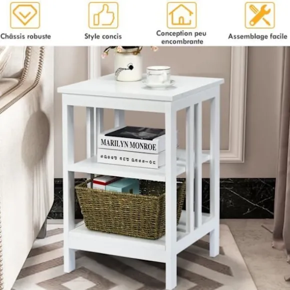 COSTWAY 3-etagers sengebord, enkelt og moderne sidebord, til soveværelse, stue 40x40x61cm Vit