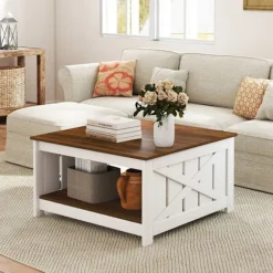 COSTWAY Firbenet Sofabord Med 2 Niveauer, Opbevaringshylde, Åbent Rum, 78 x 78 x 44 CM til Soveværelse Kontor Balkon Vit och brun