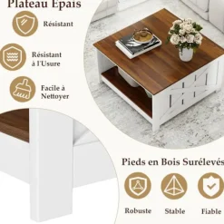 COSTWAY Firbenet Sofabord Med 2 Niveauer, Opbevaringshylde, Åbent Rum, 78 x 78 x 44 CM til Soveværelse Kontor Balkon Vit och brun