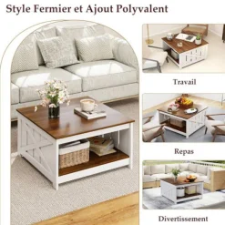 COSTWAY Firbenet Sofabord Med 2 Niveauer, Opbevaringshylde, Åbent Rum, 78 x 78 x 44 CM til Soveværelse Kontor Balkon Vit och brun