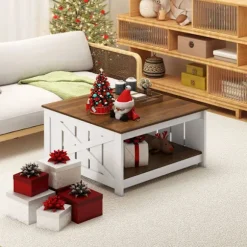COSTWAY Firbenet Sofabord Med 2 Niveauer, Opbevaringshylde, Åbent Rum, 78 x 78 x 44 CM til Soveværelse Kontor Balkon Vit och brun