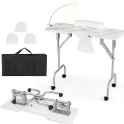 COSTWAY Foldable Manicure Table with Electric Dust Collector, with LED Lamp and Wrist Cushion for Client, White