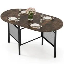 COSTWAY Foldbar Spisebord 150 cm til 6-8 Personer med Foldbar Forlængelse Pladsbesparende med Metalben Brun