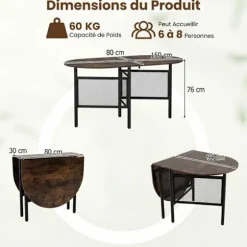 COSTWAY Foldbar Spisebord 150 cm til 6-8 Personer med Foldbar Forlængelse Pladsbesparende med Metalben Brun