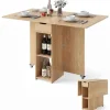 COSTWAY Foldbart Spisebord 120 x 72 x 75 cm med 2 Hjul, Opbevaringshylde og 2-niveau Skuffe Natur