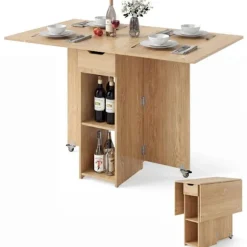 COSTWAY Foldbart Spisebord 120 x 72 x 75 cm med 2 Hjul, Opbevaringshylde og 2-niveau Skuffe Natur