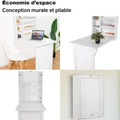 COSTWAY Foldevæg Skrivebord Vægmonteret Foldebord med Skifer Integreret Hylde i Hvid MDF 94,5 x 56,5 x 151 CM