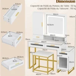 COSTWAY Frisør Ensemble med Skammel, LED Spejl med 3 Farver, Opladningsstation, Smykkeskab, 4 Skuffer og Dør Vit
