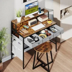 COSTWAY Frisørbord og Skammel, Opladningsstation, Tøjskuffer, Side lommer, Monitorholder, Rustik Brun Rustik brun