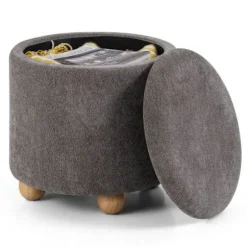 COSTWAY Frisørskammel med Aftageligt Låg og Opbevaringsplads 35L - 44,5 x 44,5 cm (Dia. x H) i Grå Chenille