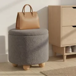 COSTWAY Frisørskammel med Aftageligt Låg og Opbevaringsplads 35L - 44,5 x 44,5 cm (Dia. x H) i Grå Chenille