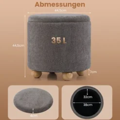 COSTWAY Frisørskammel med Aftageligt Låg og Opbevaringsplads 35L - 44,5 x 44,5 cm (Dia. x H) i Grå Chenille