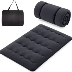 COSTWAY Futonmadras 140 x 200 CM, Aftageligt Vaskbart Topmadras, Bærbar Gulvmadras med Transporttaske til Camping, Sort