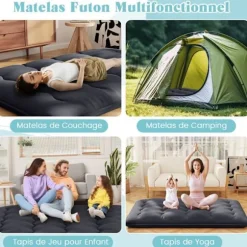 COSTWAY Futonmadras 140 x 200 CM, Aftageligt Vaskbart Topmadras, Bærbar Gulvmadras med Transporttaske til Camping, Sort