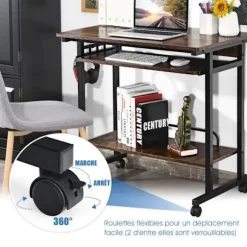 COSTWAY Gamerbord/Computerbord med hjul - 3 hylder og hovedtelefonholder - 80 x 50 x 75 CM Rustik Brun