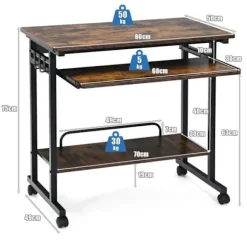 COSTWAY Gamerbord/Computerbord med hjul - 3 hylder og hovedtelefonholder - 80 x 50 x 75 CM Rustik Brun