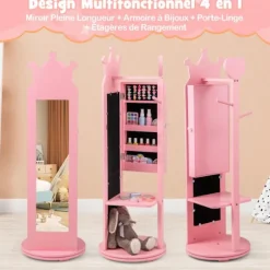 COSTWAY garderobeskab til børns smykker drejelig base, fritstående spejl, stor opbevaringskapacitet, tøjstativ, kroge, pink