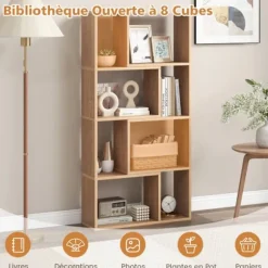 COSTWAY Geometrisk reol med 4 niveauer, H120 cm, åbne opbevaringshylder med 8 rum, til kontor i stue soveværelse, naturlig Naturlig