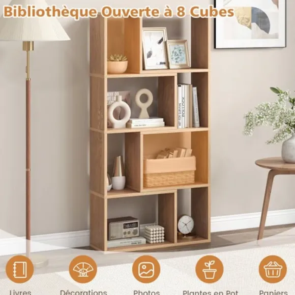 COSTWAY Geometrisk reol med 4 niveauer, H120 cm, åbne opbevaringshylder med 8 rum, til kontor i stue soveværelse, naturlig Naturlig