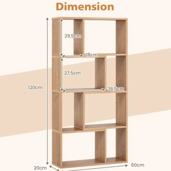 COSTWAY Geometrisk reol med 4 niveauer, H120 cm, åbne opbevaringshylder med 8 rum, til kontor i stue soveværelse, naturlig Naturlig