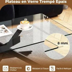 COSTWAY Glasbord i hærdet glas, 120x60x45,5 cm rektangulært sofabord, metalrørfødder, sort sofabord Gennemsigtig og sort