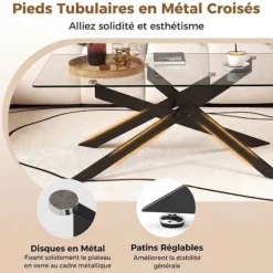 COSTWAY Glasbord i hærdet glas, 120x60x45,5 cm rektangulært sofabord, metalrørfødder, sort sofabord Gennemsigtig og sort
