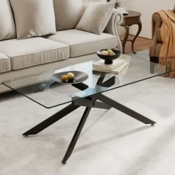 COSTWAY Glasbord i hærdet glas, 120x60x45,5 cm rektangulært sofabord, metalrørfødder, sort sofabord Gennemsigtig og sort