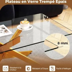 COSTWAY Glasbord i hærdet glas, 120 x 60 x 45,5cm rektangulært sofabord, metalrørben, sofabord i guld Gennemsigtig og Guld