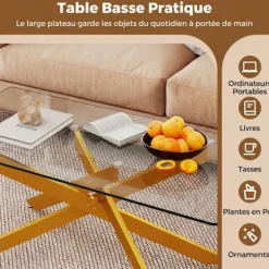 COSTWAY Glasbord i hærdet glas, 120 x 60 x 45,5cm rektangulært sofabord, metalrørben, sofabord i guld Gennemsigtig og Guld