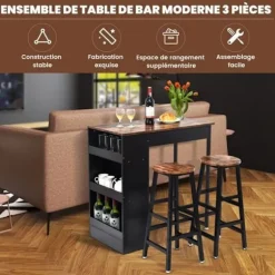 COSTWAY Høj Bar Bord Sæt med 2 Stool H70cm, 3-Niveau Sidehylde, til Køkken, Restaurant