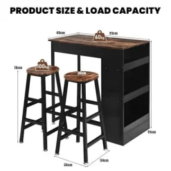 COSTWAY Høj Bar Bord Sæt med 2 Stool H70cm, 3-Niveau Sidehylde, til Køkken, Restaurant