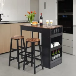 COSTWAY Høj Bar Bord Sæt med 2 Stool H70cm, 3-Niveau Sidehylde, til Køkken, Restaurant