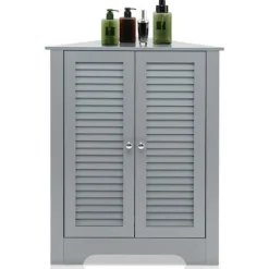 COSTWAY Hjørneskab, Opbevaringsmøbel 63x32x81,5 cm, 2 LamelDøre og Justerbar Hylde, til Stue, Soveværelse, Kontor, Grå