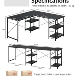 COSTWAY Hjørneskrivebord - 151 x 151 x 75 CM - Justerbart til lige skrivebord, 4 opbevaringshylder, stort bord til 2 personer Sort Svart