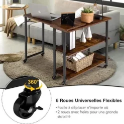 COSTWAY Hjørneskrivebord på hjul med 3 L-formede hylder, computerbord med robust metalstel, 80 x 71,5 x 67 cm rustikt brunt