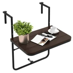 COSTWAY hængende balkonbord i hofter og foldbart metal med justerbar højde, anti-rust belægning, belastning 30 kg, kaffe