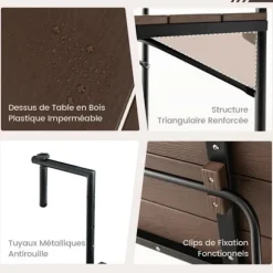 COSTWAY hængende balkonbord i hofter og foldbart metal med justerbar højde, anti-rust belægning, belastning 30 kg, kaffe