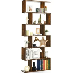 COSTWAY Industriel Bibliotek med 6 Niveauer 80 x 23 x 192 CM, S-formet Opbevaringshylde med Skridsikre Fødder, Brun