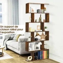 COSTWAY Industriel Bibliotek med 6 Niveauer 80 x 23 x 192 CM, S-formet Opbevaringshylde med Skridsikre Fødder, Brun