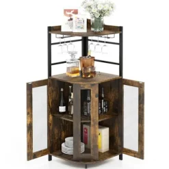 COSTWAY industrikøkken skænk 48 x 48 x 130 CM med glasholdere og justerbar hylde, anti-vippesæt, brun brun