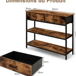 COSTWAY industrikonsolbord 3 etager, 2 skuffer - 100 x 30 x 80 cm Rustik brun metalramme