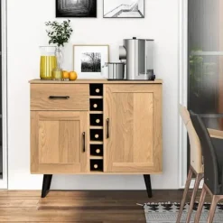 COSTWAY Industrisk Buffet med 6 Flaskestativer, 2 Døres Skab, til Spisestue, Stue, Køkken, 90 x 40 x 79 cm Naturlig