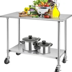 COSTWAY Køkkenbord i Rustfrit Stål med Låsebare Hjul 122x61x90cm Justerbare Nederste Hylder Arbejdsflade