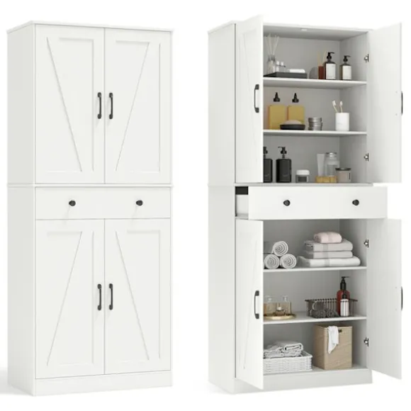COSTWAY Køkkenbuffet 183 cm, 4 Døre, Skuffe, 3 Justerbare Hylder, 2 Antiktip Kits, til Stue Spisestue, Hvid Vit