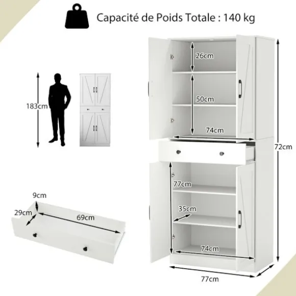 COSTWAY Køkkenbuffet 183 cm, 4 Døre, Skuffe, 3 Justerbare Hylder, 2 Antiktip Kits, til Stue Spisestue, Hvid Vit