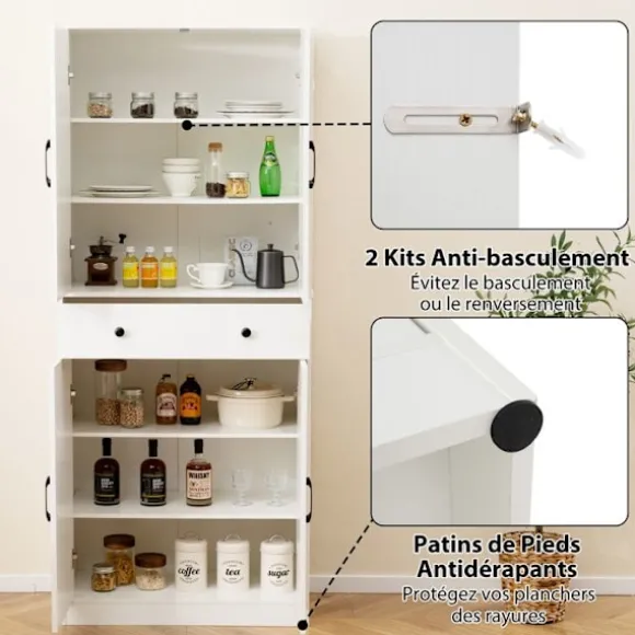 COSTWAY Køkkenbuffet 183 cm, 4 Døre, Skuffe, 3 Justerbare Hylder, 2 Antiktip Kits, til Stue Spisestue, Hvid Vit