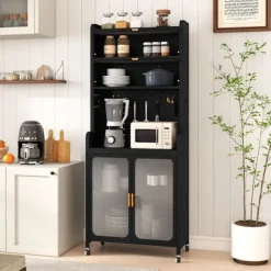 COSTWAY Køkkenbuffet 192 CM med hjul, Stor arbejdsflade, Justerbar hylde, Perforeret panel, til Spisestue Stue Svart
